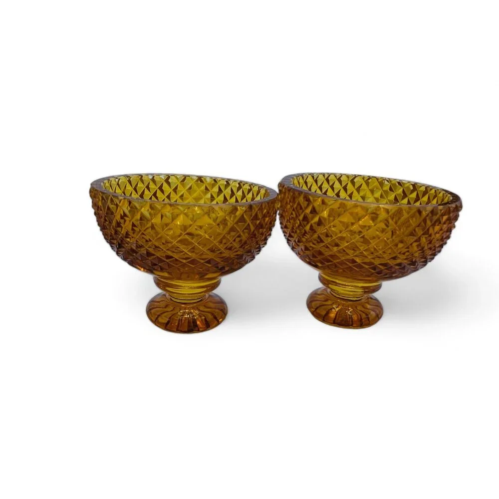 Vintage Amber Gold Glass Set of 2 Dessert Dish Cup Diamond Cut Design Bowls